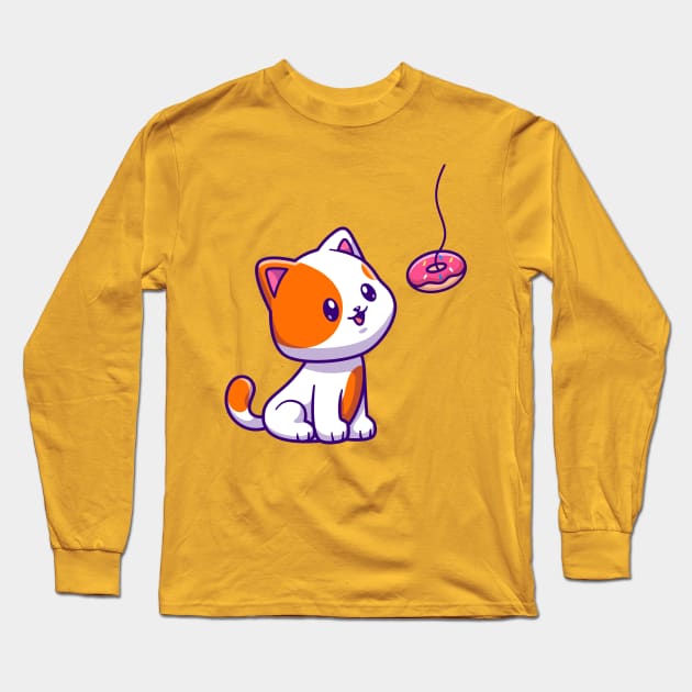 Cute Cat Eating Donut Cartoon Long Sleeve T-Shirt by Catalyst Labs